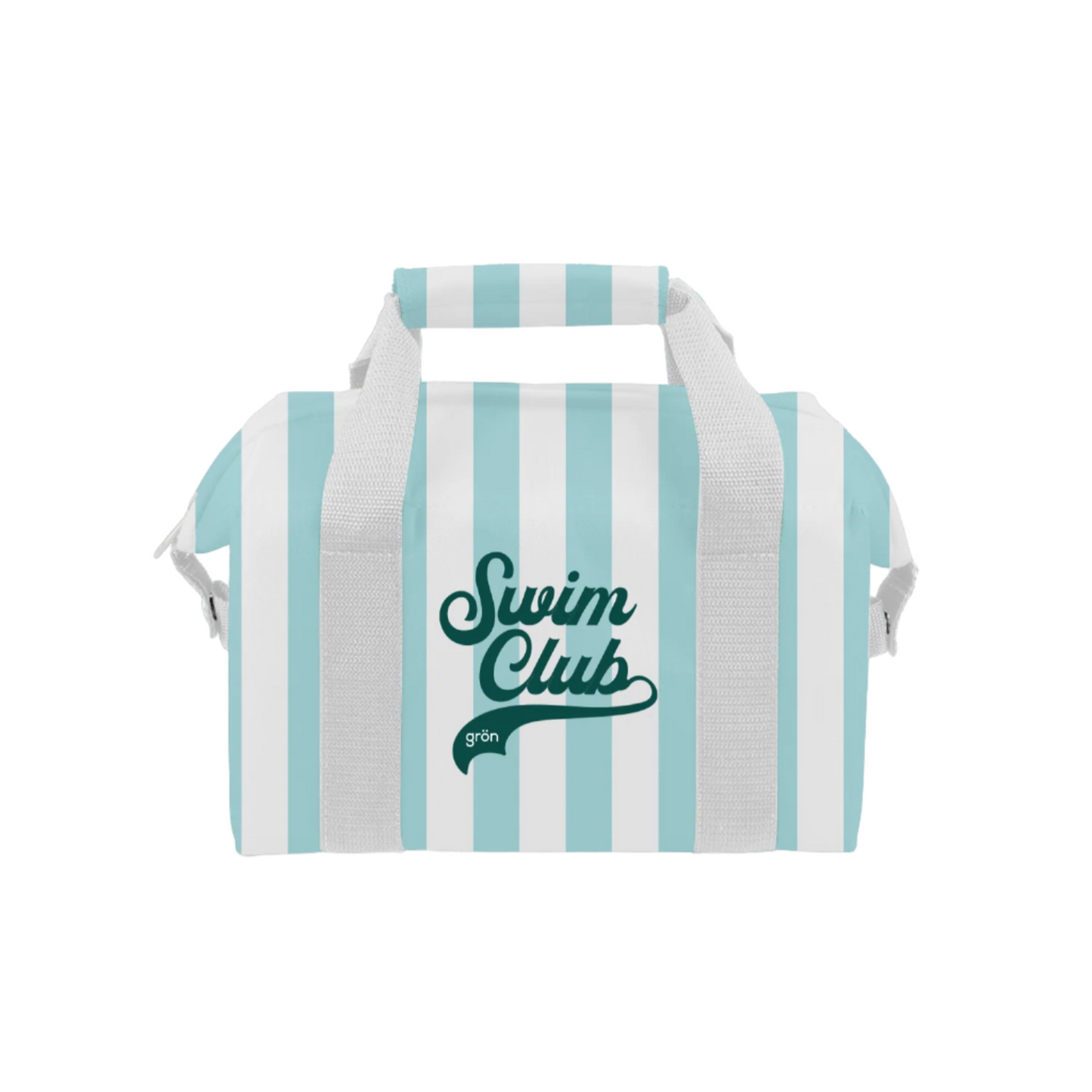 Striped cooler bag with 'Swim Club' text on a white background