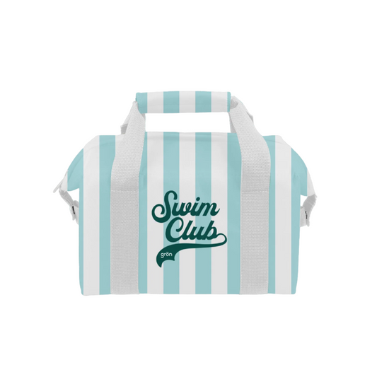 Striped cooler bag with 'Swim Club' text on a white background